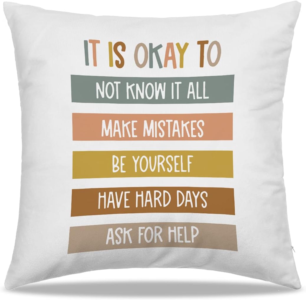 DIBOR It Is Okay To Not Know It All Be Yourself Throw Pillow Covers 18x18 in - Inspirational Saying Nursery Home Decorative Cushion Covers,Classroom Bedroom Reading Room Pillow Case For Sofa Couch Bed