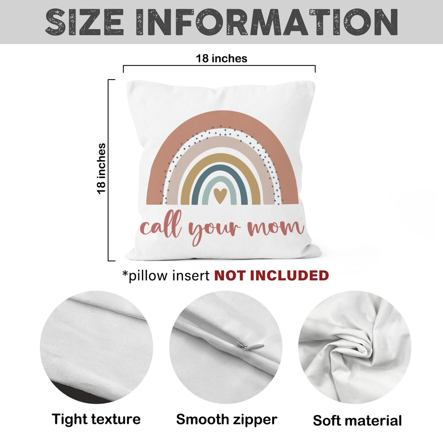 Call Your Mom Dorm Throw Pillow Covers 18x18, Boho Rainbow Decorative Square Pillow Cases for Couch Bed Sofa, Cute Decor Pillowcases for College Dorm Classroom Bedroom, Back to School Gifts