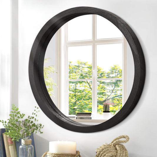 JJUUYOU Circular Wall Mirror Black Round Mirror for Bathroom Small Circle Wall Mounted Mirror for Decor Wood Frame Make up Mirror for Farmhouse Living Room Bedroom 12Inch