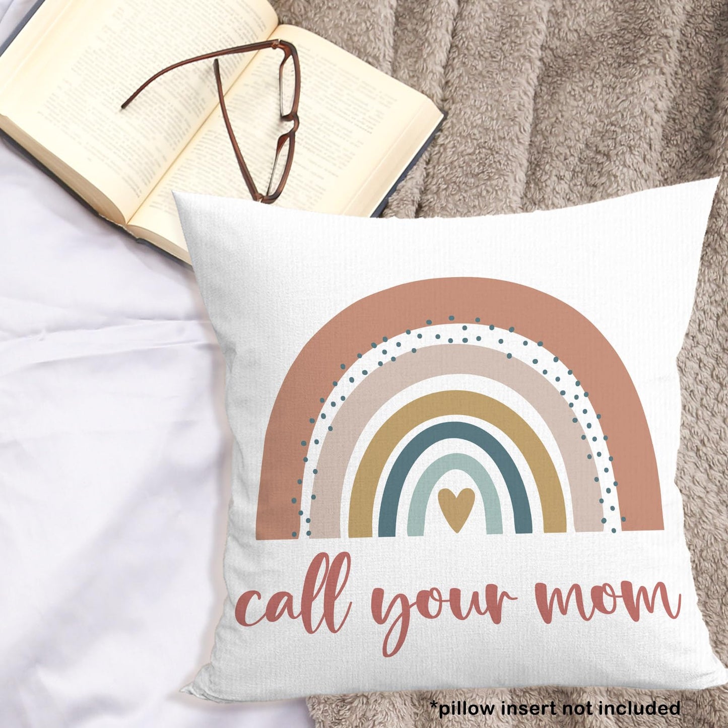 Call Your Mom Dorm Throw Pillow Covers 18x18, Boho Rainbow Decorative Square Pillow Cases for Couch Bed Sofa, Cute Decor Pillowcases for College Dorm Classroom Bedroom, Back to School Gifts