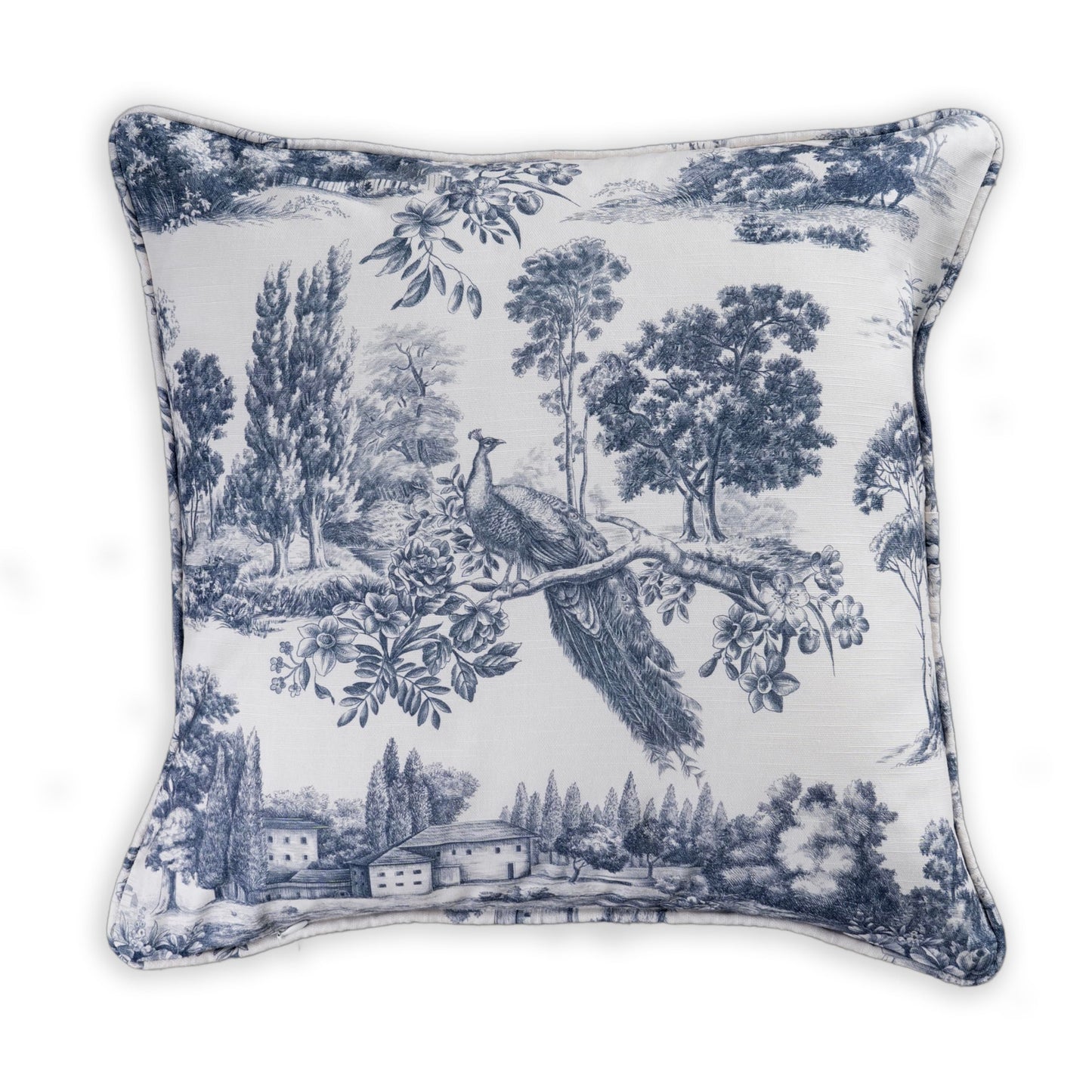 Maison d' Hermine Decorative Pillow Cover 100% Cotton, Toile Cushion Cover with Invisible Zipper for Bed, Living Room, Home Décor, Office, Sofa, The Miller - Denim - Spring/Summer (18"x18")